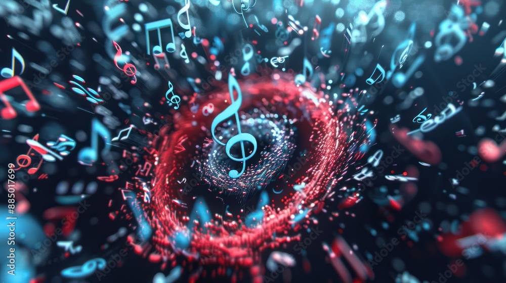 Poster ethereal 3d spiral of glowing music notes - dynamic and captivating background visualization, genera
