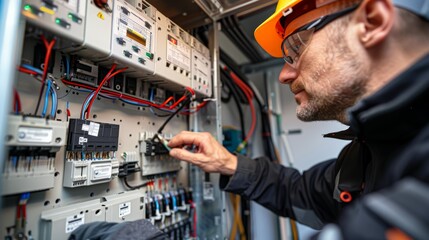 Close-up of an electrician installing a whole-house surge protector in a residential electrical panel safeguarding electronic devices from power surges and spikes.