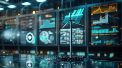 Fototapeta premium A wind turbine model in front of digital screens showing energy data. The environment is high-tech and innovative, highlighting renewable energy and technological advancements.