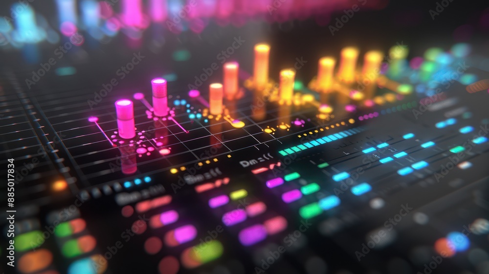 Poster illuminated 3d equalizer bars in a high-tech dark environment with vibrant background music - entert