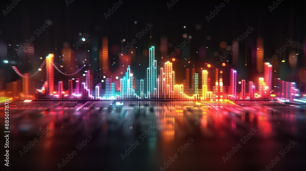 Poster illuminated 3d equalizer bars in futuristic setting with background music - high-tech vibrant design