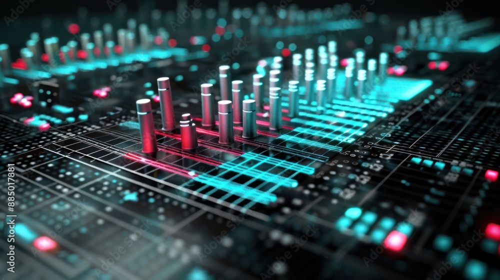 Poster illuminated 3d equalizer bars in dark environment with high-tech vibes, generative ai