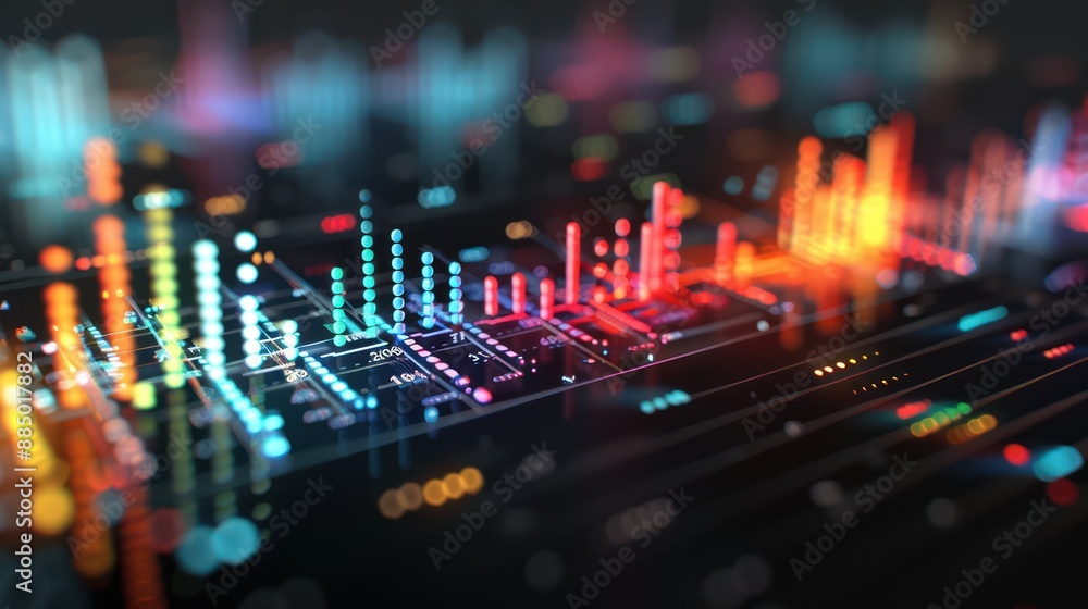 Poster Illuminated 3D Equalizer Bars in Dark Environment with Vibrant High-Tech Background for Music Visualization, Generative Ai