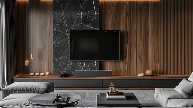 Modern interior design featuring an accent wall with black marble panels and wood paneling for a TV unit in the living room, complemented by a grey sofa