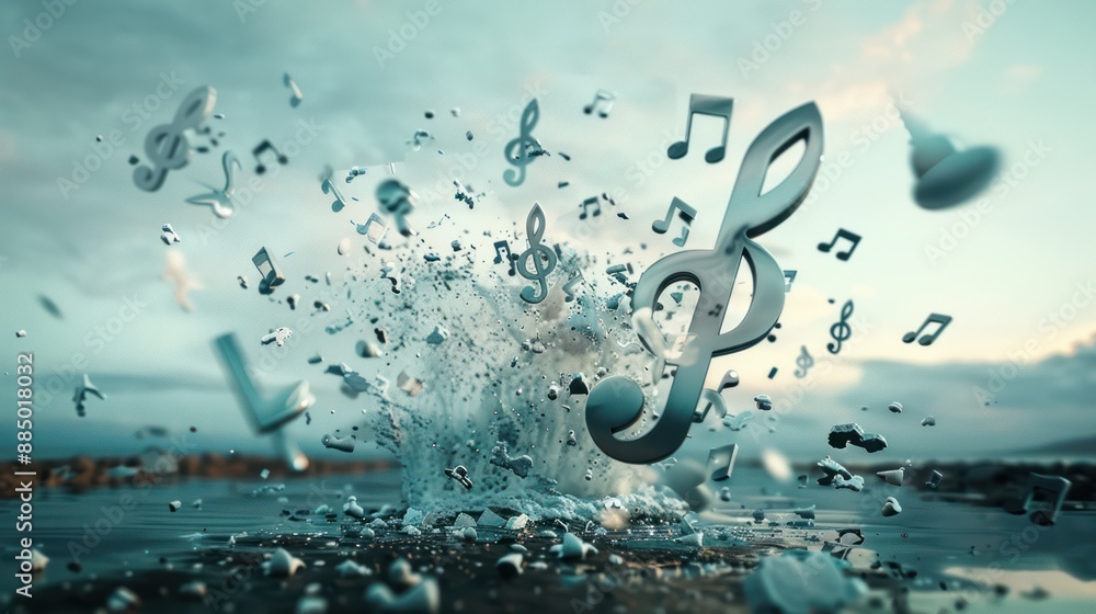 Poster harmonious fusion - abstract 3d shapes with embedded music symbols in artistic background, generativ