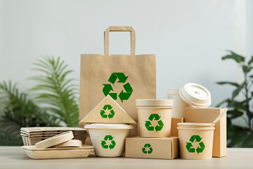 Use of eco-friendly paper tableware and packaging made from biodegradable materials. Set of eco friendly food packaging with recycling symbols on table white background..