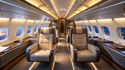 Sleek aircraft cabin featuring glowing seatback entertainment systems and soft ambient lighting, exuding modernity and warmth in an empty space.
