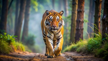 Obraz premium A majestic Bengal tiger emerges from the forest, showcasing its powerful legs and regal head in a pristine wildlife reserve scene.