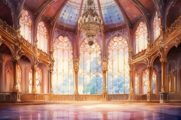 Fototapeta premium Empty royal ballroom architecture chandelier building.