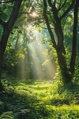 Obraz premium Sun shining through trees in lush green forest