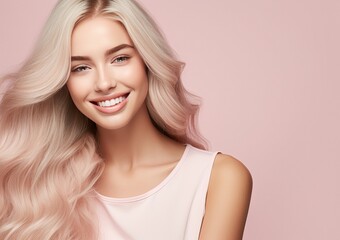 Naklejka premium Smiling young woman with blond hair on pastel flat background with copy space
