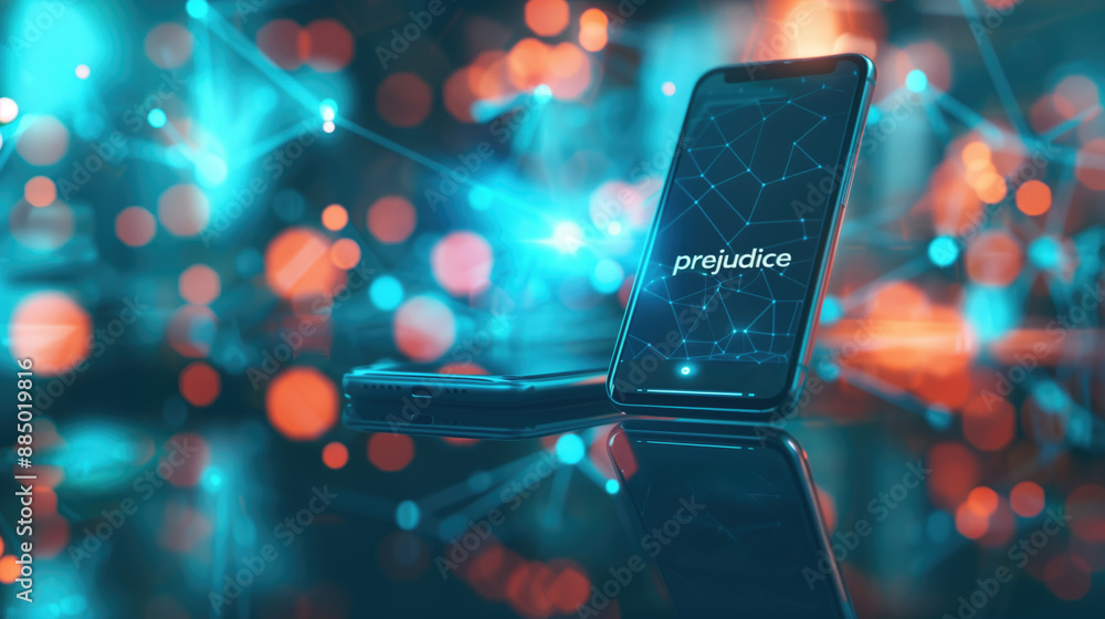 Aufkleber smartphone with illuminated digital network screen displaying the word 