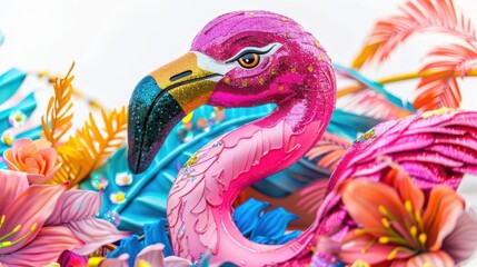A pink flamingo in a birthday parade float, festive occasion, whimsical art, colorful, isolated on white background