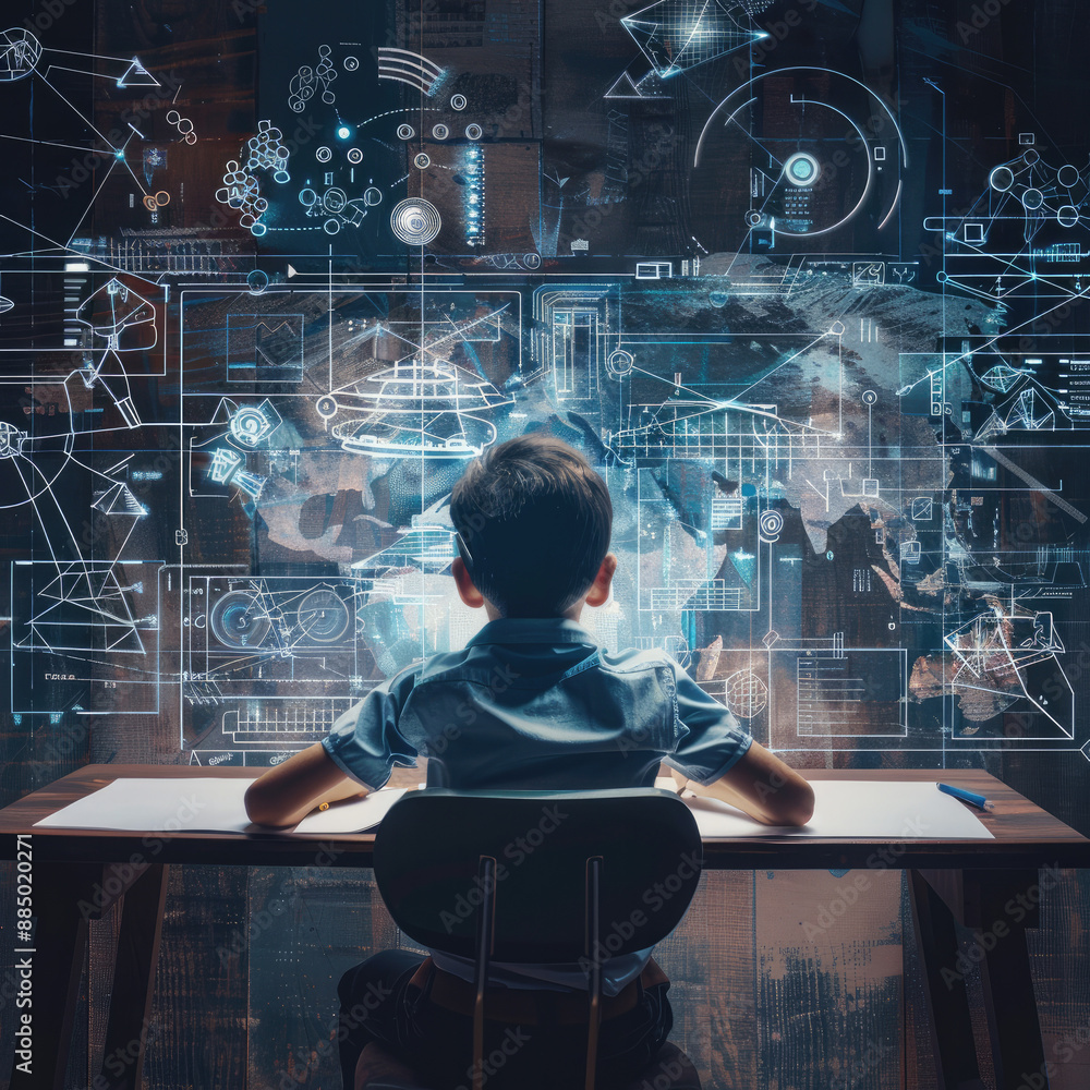 Poster a young boy immersed in futuristic technology, exploring digital interfaces filled with data and hol