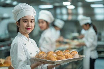 An Asian chef girl holds a tray of buns in her hands