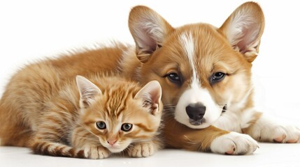 Obraz premium Affectionate corgi puppy and red kitten cuddling together on white backdrop. Heartwarming pet friendship.