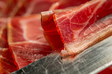 Slice of Iberian ham from Spain 100% acorn-fed, cut with a knife by a professional. Close up view of ham cutter typical of Spain gourmet product international sale
