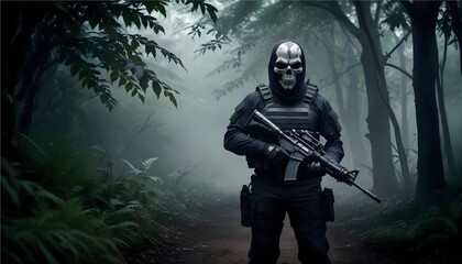 Fototapeta premium A masked soldier wearing dark tactical gear holding a rifle in a misty forest