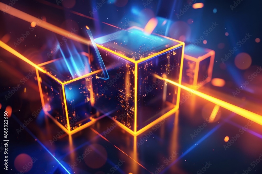Poster orange and blue glowing logo with three large cube shapes in the foreground on a dark background wit