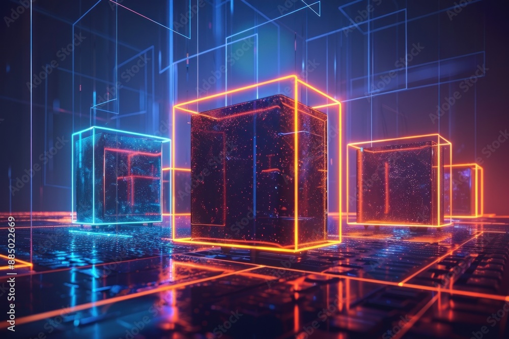 Poster orange and blue glowing logo with three large cube shapes in the foreground on a dark background wit