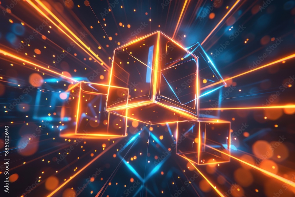 Poster orange and blue glowing logo with three large cube shapes in the foreground on a dark background wit