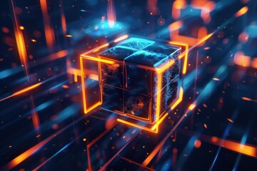 orange and blue glowing logo with three large cube shapes in the foreground on a dark background with light