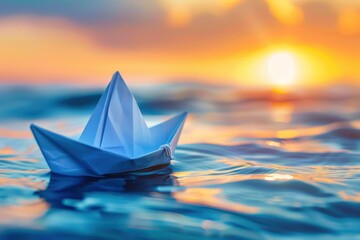 Paper ship floating in the sea, Beautiful waves ripple background. unusual travel concept, Paper boat sailing