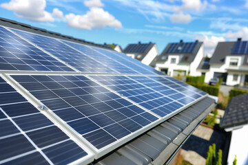 Obraz premium Close-up of solar panels installed on the rooftops of modern homes in a sunny neighborhood, highlighting sustainable living.