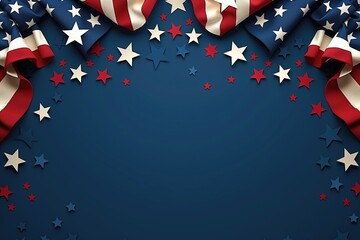 American flag themed stars and ribbons forming a frame on a blue background. Election day, Independence Day, Memorial Day, Fourth of July, USA national holiday decoration.