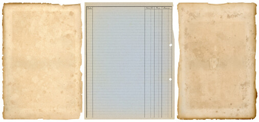 three vintage and antique paper textures, stained g with ripped / torn edges and old French ledger paper isolated on white a background, blank textured sheets as backgrounds or collage design elements