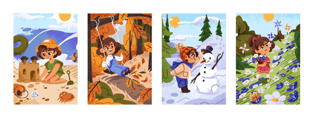 Fototapeta premium Four seasons of nature set. Cute girl has fun on swings in autumn. Kid plays with snowman in winter. Child picking flowers in spring, builds sand castle in summer. Flat hand drawn vector illustrations