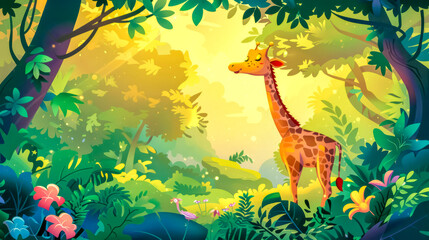 Friendly giraffe enjoying lush green jungle habitat at sunrise