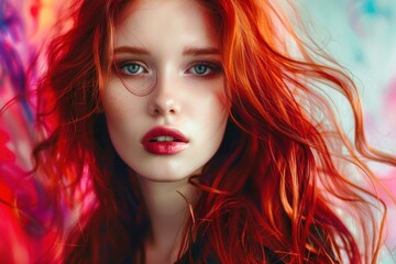 Fototapeta premium portrait of fashion model red hair girl advertising hair coloring salon