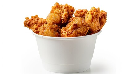 Crispy fried chicken pieces, nuggets, and chicken skin in a paper bucket, isolated on white background with clipping path, showcasing crunch