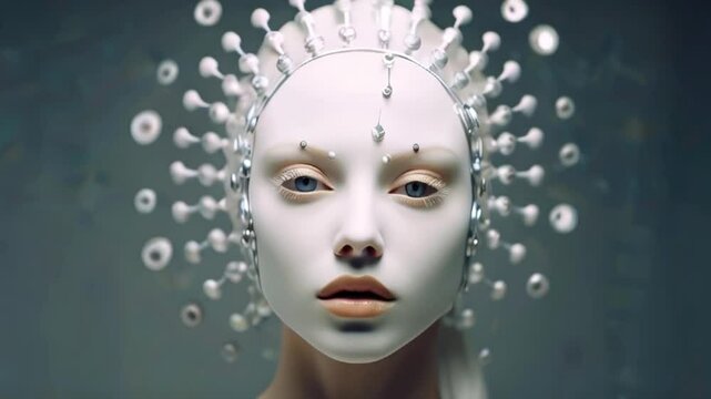 Portrait of a Pale Futuristic Woman Wearing a Rotating Headdress