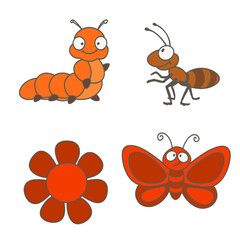 Set of illustrations for children insects, bugs red butterfly, red flower, orange caterpillar, ant isolated on white background