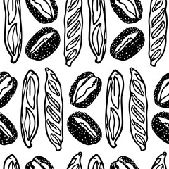 Vector seamless pattern with hand drawn traditional German sesame buns and French baguettes. Ink drawing, heavy graphic style. Beautiful food or bakery design elements, perfect for prints and patterns