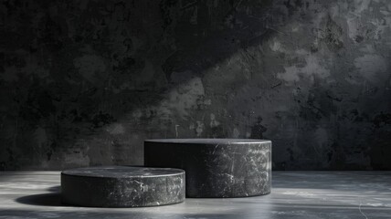 Fototapeta premium Black stone Podium background. Black Concrete Material place for the product Display Presentation. Kitchen, cosmetics, jewellery podium advertising mockup photography in luxury style.