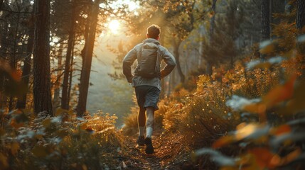 Fototapeta premium Facing the challenges of the mountain trail, the trail runner is dedicated to running and fully experiencing the beauty of nature.