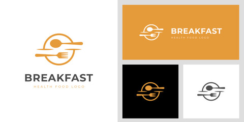 breakfast food logo icon design with fork, spoon, plate graphic idea for restaurant, cafes, bistro vector logo template