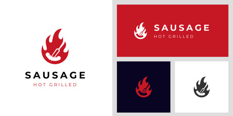 Sausage hot food logo icon design with fire graphic element symbol for barbecue grill party vector logo illustration