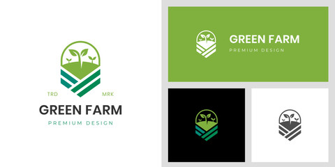 agriculture or Farming logo design with growing plant and field land graphic idea for farm, farmer vector logo illustration