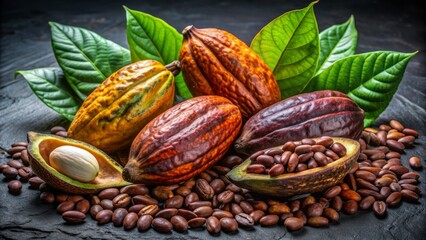 Cocoa beans and pods against white and dark backgrounds showcasing vibrant colors and textures of raw cocoa fruit essence.
