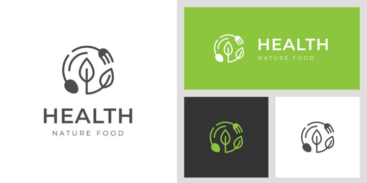 healthy food logo icon design line style for Organic food vector design with Fork, spoon and leaves graphic symbol
