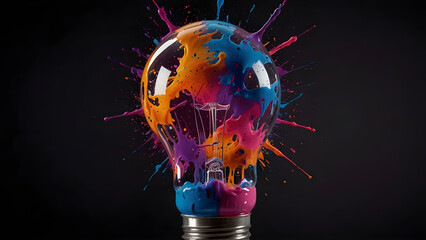 An illuminated light bulb with colorful paint splatters on a black background