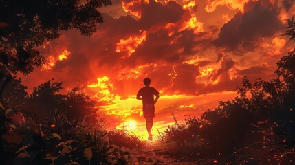 Obraz premium The orange light of the evening sun, casts a warm glow as the trail runner, facing the challenging path, is determined to overcome obstacles and enjoy the beauty of the surrounding nature.