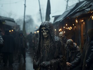 Halloween concept. Scary skeleton in the cemetery.