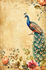 watercolor vintage scrapbook junk journal page, copy space in center, watercolor clipart of Peacock in a Flower Garden on parchment paper, vintage art, for Junk Journal, Digital Paper, Printable 