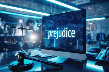 Fototapeta premium Judge's gavel and scales of justice in front of computer screen displaying 