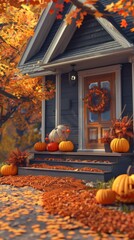 Obraz premium Charming and Cozy Halloween Cottage with Autumn Decorations, Pumpkins, and Wreaths on the Front Porch. Perfect for Celebrating the Festive Season. AI-Generated Background, 4K High-Resolution Wallpaper